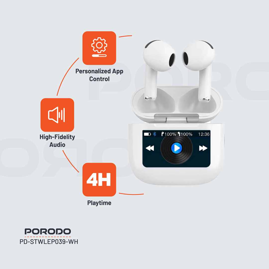 Porodo Soundtec Glimpse TWS ANC Earphone with Touch Screen - White