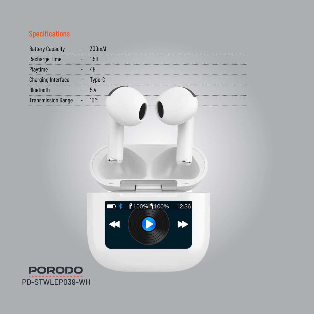 Porodo Soundtec Glimpse TWS ANC Earphone with Touch Screen - White