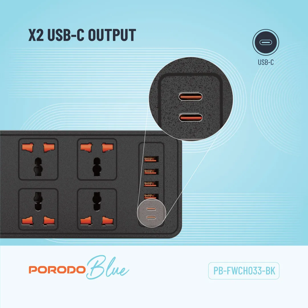 Porodo Blue 6 AC Power Socket With X2 USB-C X4 USB-A Port UK (3m wire) - Black
