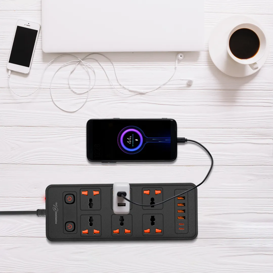 Porodo Blue 6 AC Power Socket With X2 USB-C X4 USB-A Port UK (3m wire) - Black