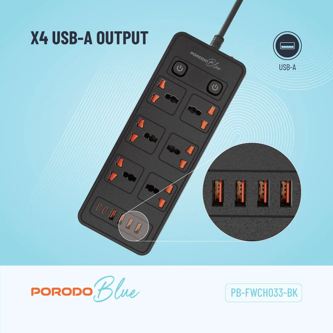 Porodo Blue 6 AC Power Socket With X2 USB-C X4 USB-A Port UK (3m wire) - Black