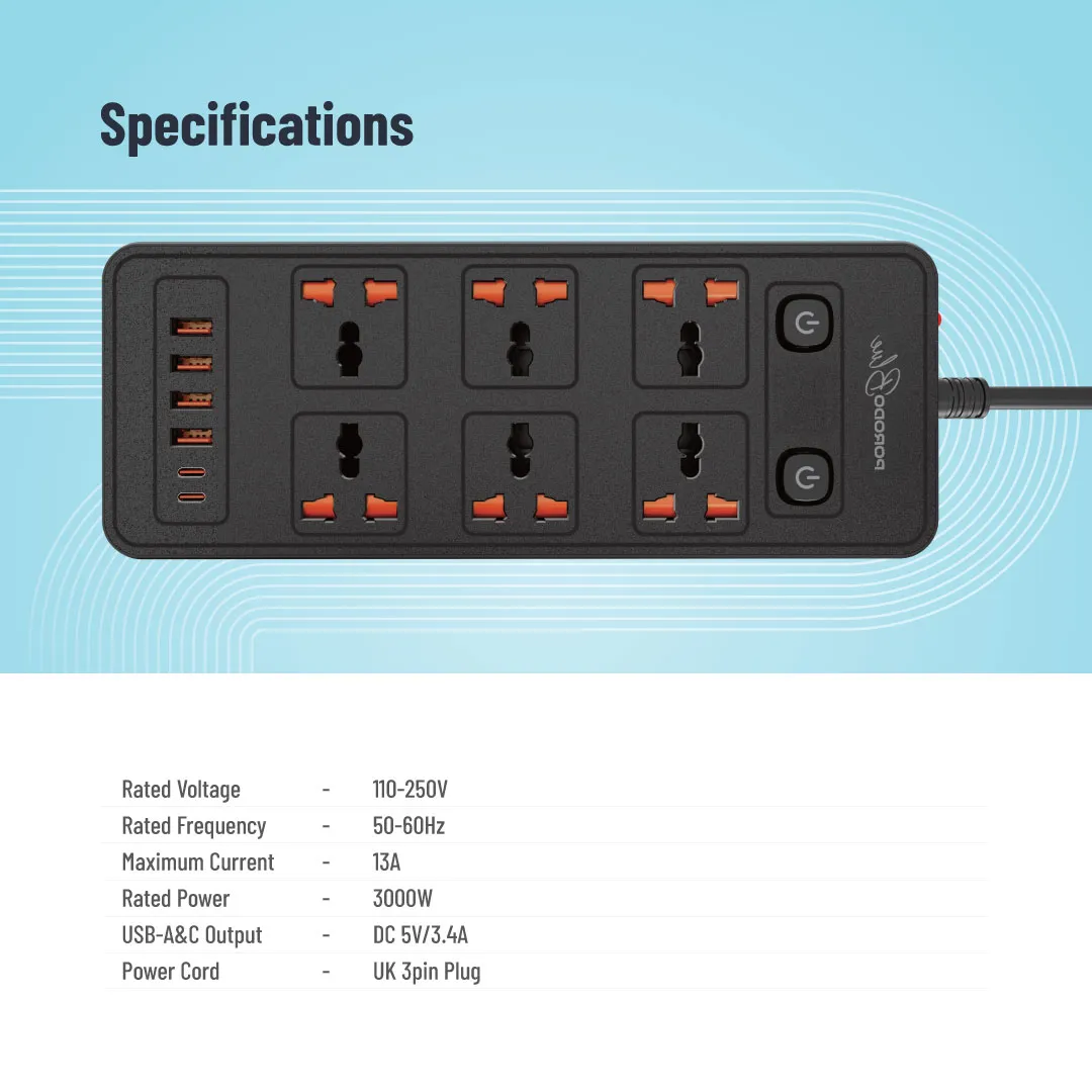 Porodo Blue 6 AC Power Socket With X2 USB-C X4 USB-A Port UK (3m wire) - Black