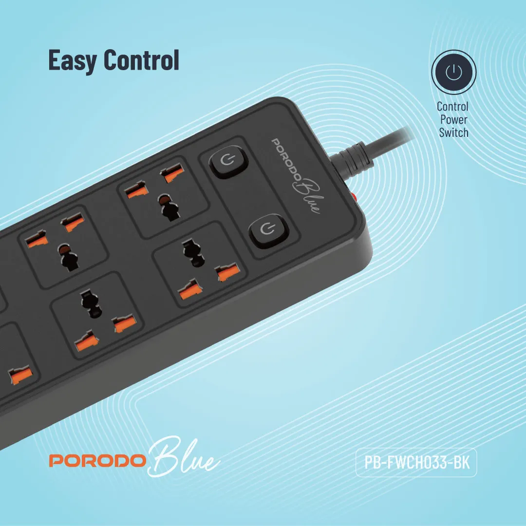 Porodo Blue 6 AC Power Socket With X2 USB-C X4 USB-A Port UK (3m wire) - Black