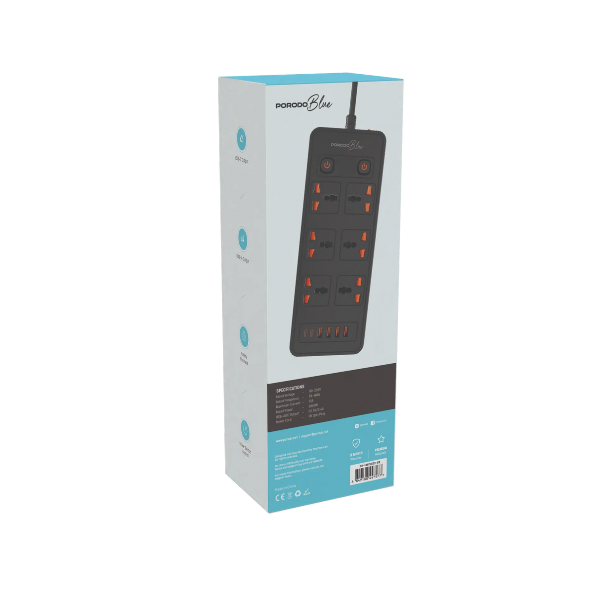 Porodo Blue 6 AC Power Socket With X2 USB-C X4 USB-A Port UK (3m wire) - Black