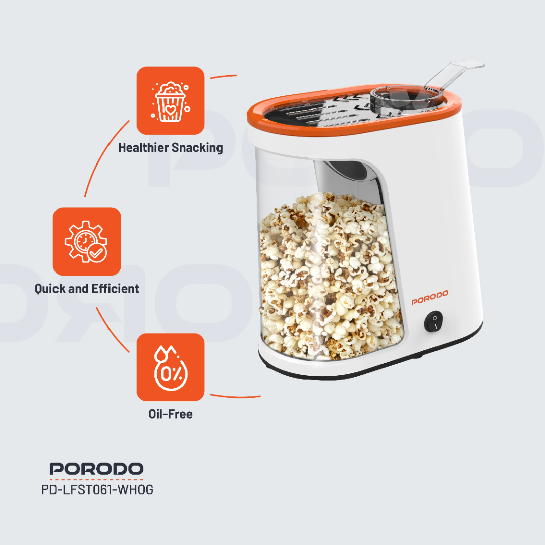Porodo Lifetsyle Air-Popped 1200W Detachable Tank Popcorn Maker - White and Orange
