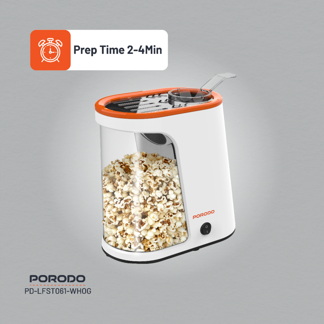 Porodo Lifetsyle Air-Popped 1200W Detachable Tank Popcorn Maker - White and Orange
