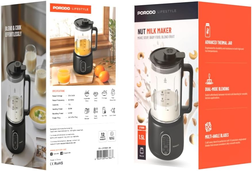 Porodo Lifetsyle Nut 600W Auto Hot and Cold Drink Maker 1500ml with Digital Display - Black