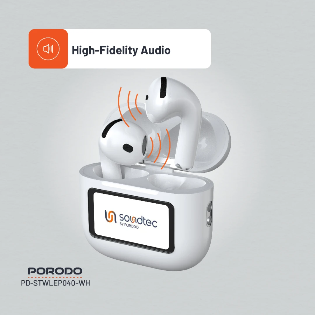 Porodo Soundtec Glimpse TWS ANC +ENC Earphone with Touch Screen - White