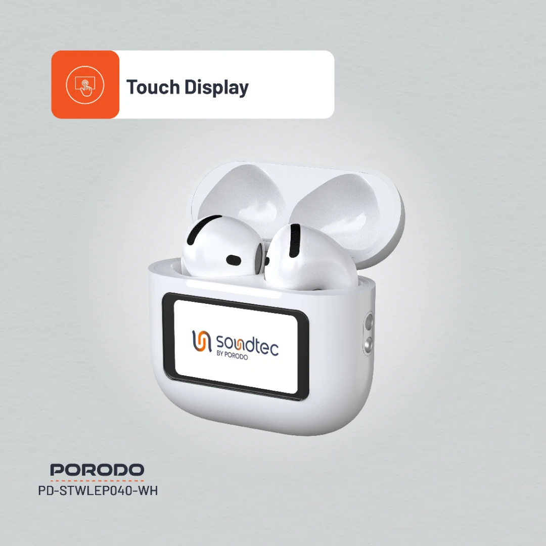 Porodo Soundtec Glimpse TWS ANC +ENC Earphone with Touch Screen - White