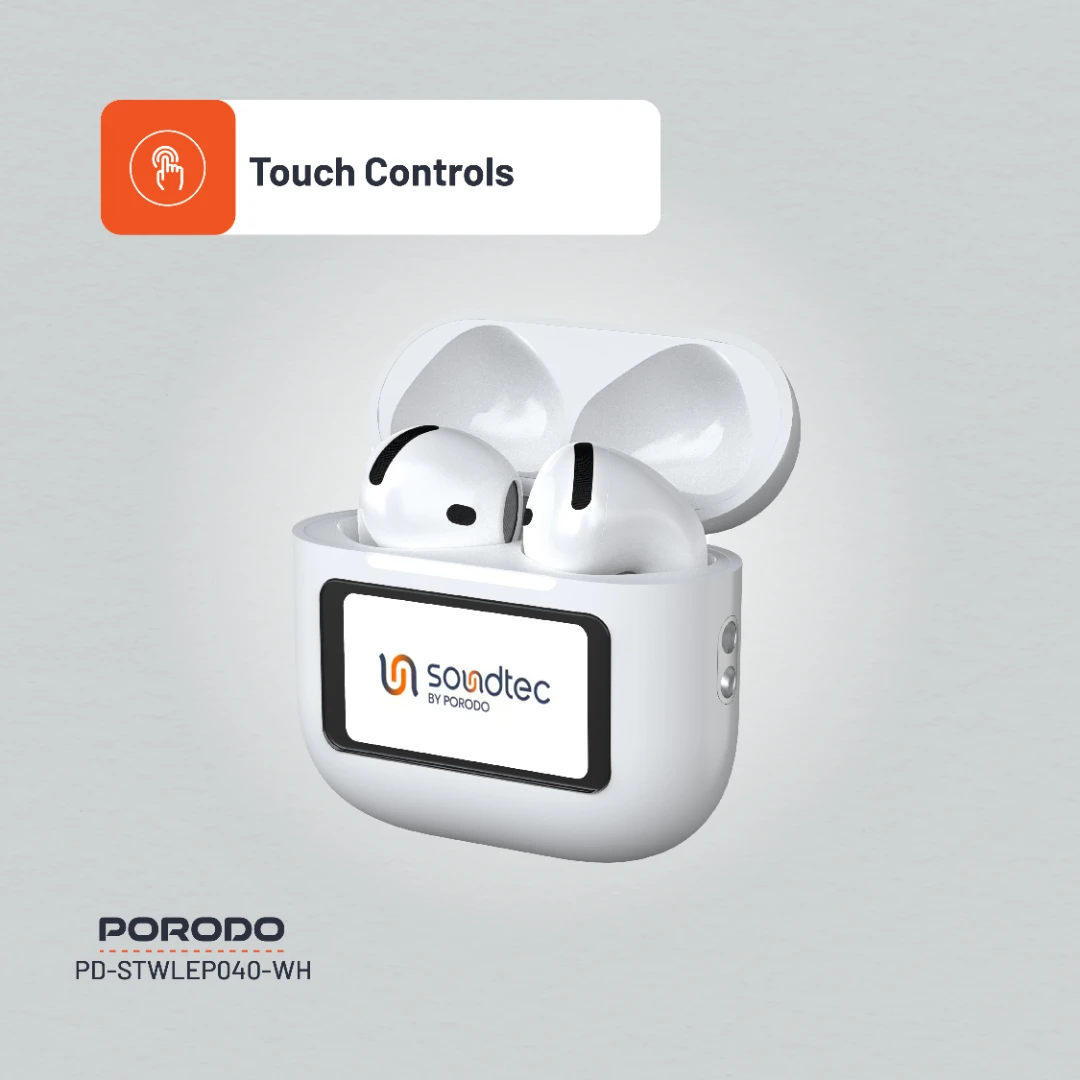 Porodo Soundtec Glimpse TWS ANC +ENC Earphone with Touch Screen - White