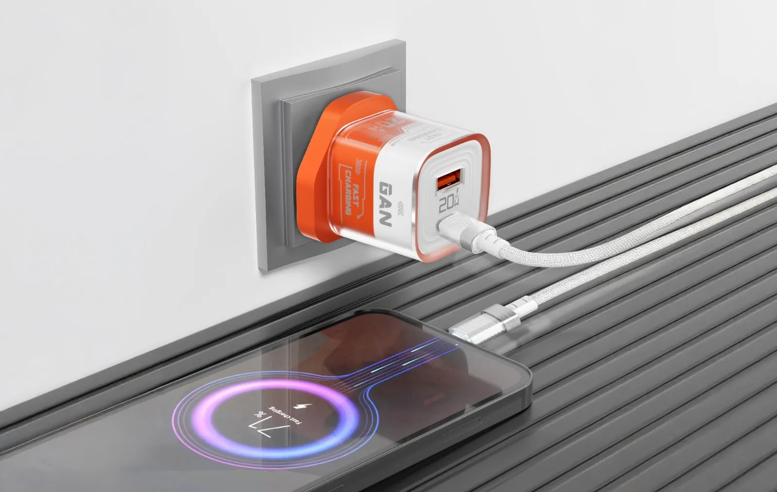 Porodo Crystal Shell PD 20W GaN UK Transparent Dual Port Fast Charger with C to C Cable - Orange