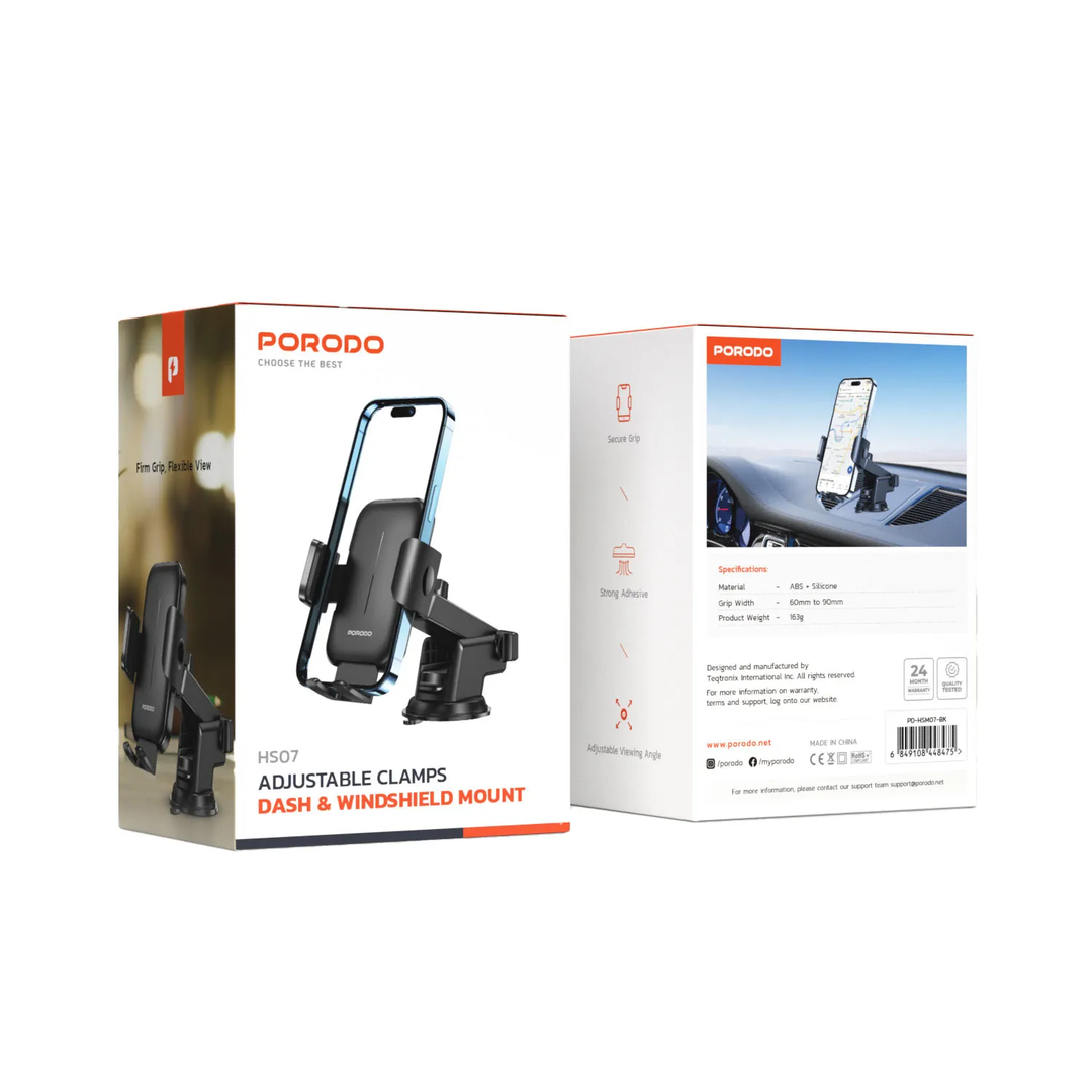 Porodo Universal Phone Stand Adjustable Clamp Car Phone - Black