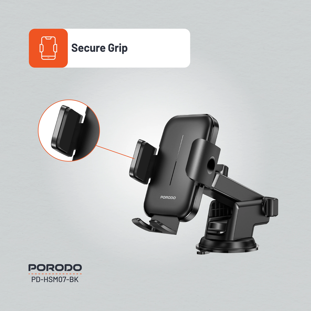 Porodo Universal Phone Stand Adjustable Clamp Car Phone - Black