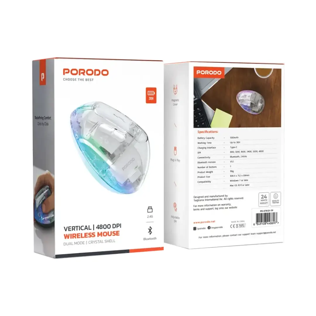 Porodo Rechargable Wireless 6D Ergonomic Vertical Mouse - TP
