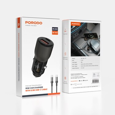 Porodo 96W Transparent USB-A+C Port Car Charger with C to C .9m Cable - Grey