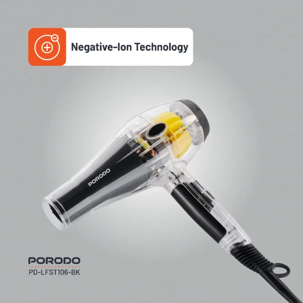 Porodo Crystal Shell 2000W Transparent Hair Dryer - Black