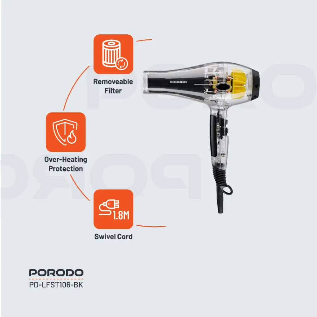 Porodo Crystal Shell 2000W Transparent Hair Dryer - Black