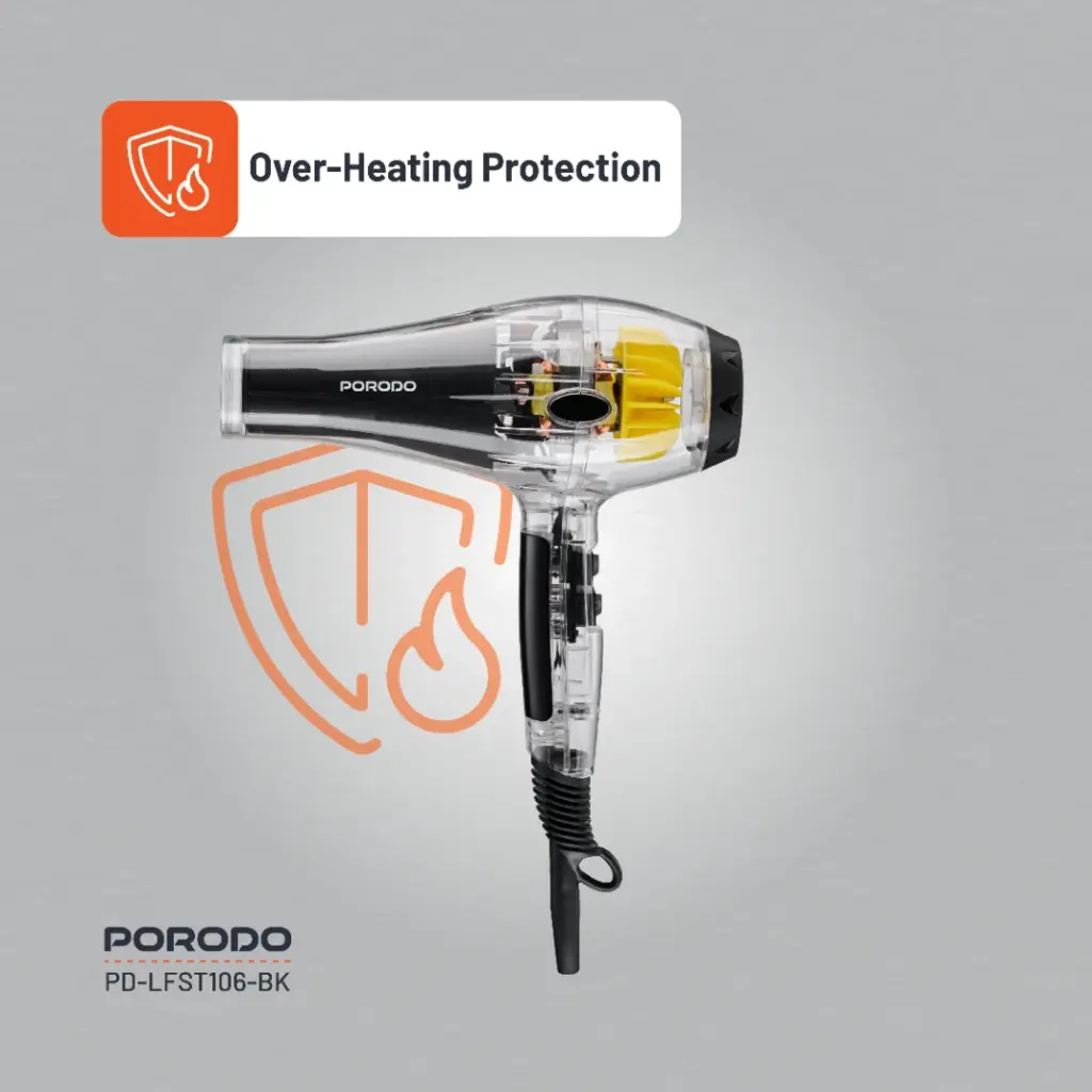 Porodo Crystal Shell 2000W Transparent Hair Dryer - Black