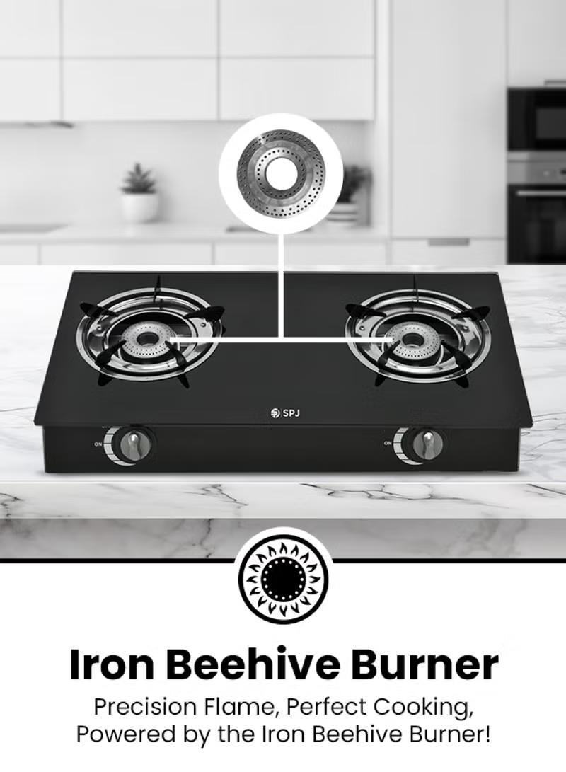Spj 2 Burner Automatic Gas Stove With 6mm Tempered Glass Top Iron Beehive Burners Spj-Tt-Glx2003