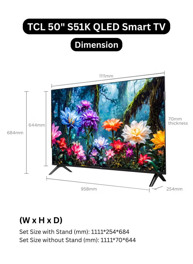 TCL 50S51K 50-Inch S51K 2K QLED Smart TV (2026 UAE Version) - TCL 50" Google TV, 50S51K FHD QLED