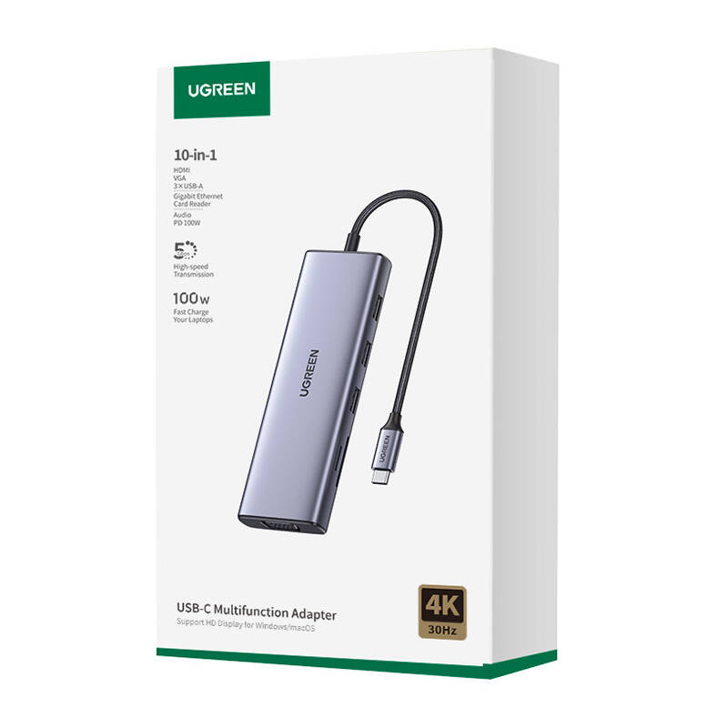 UGREEN CM498 10-in-1 Adapter USB Hub to 3x USB-A 3.0 HDMI VGA RJ45 SD/TF AUX3.5mm PD Converter