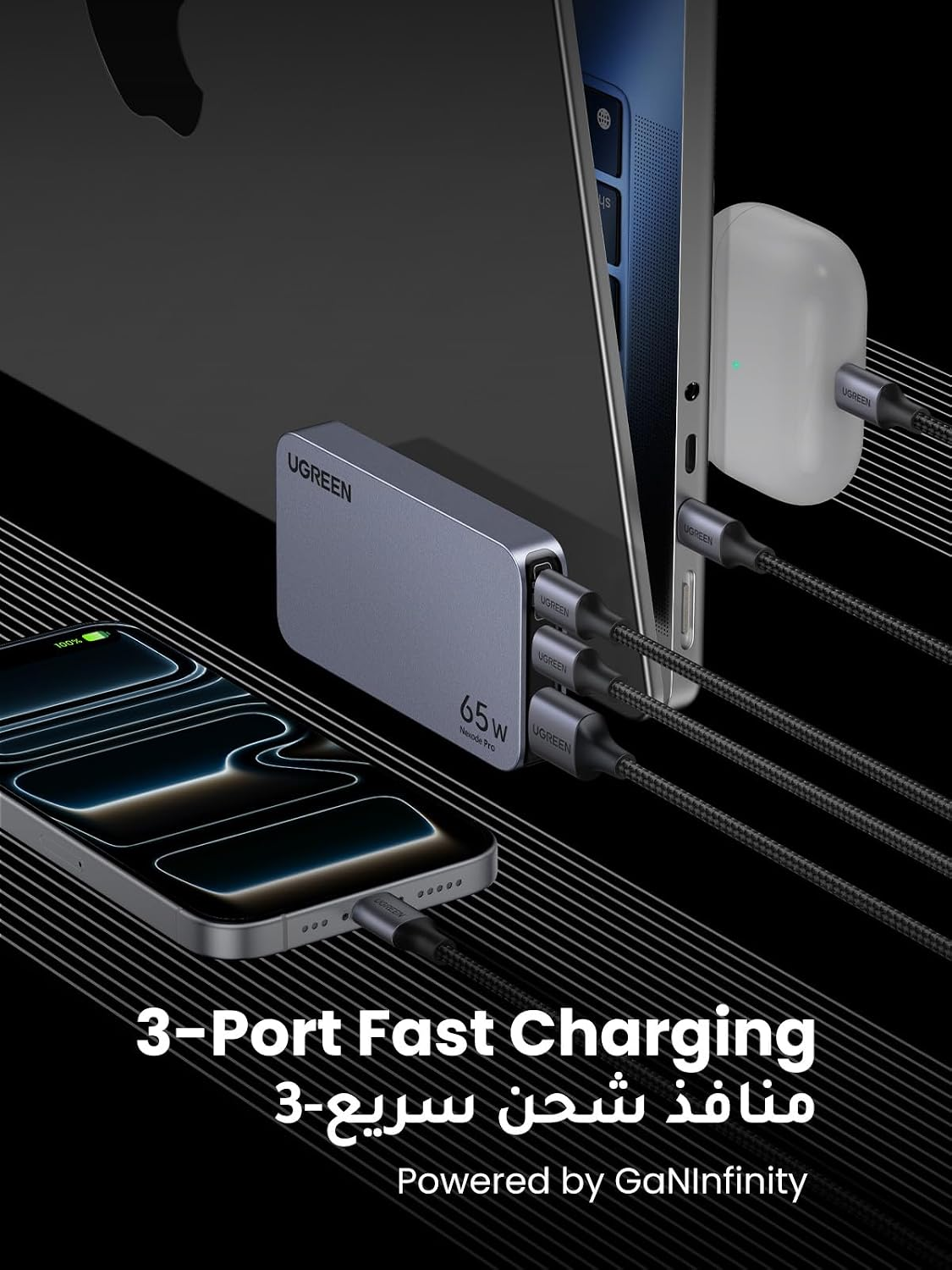 UGREEN 65W 3-PORT 2A 1C PD GAN ULTRA-SLIM FAST CHARGER GRAY