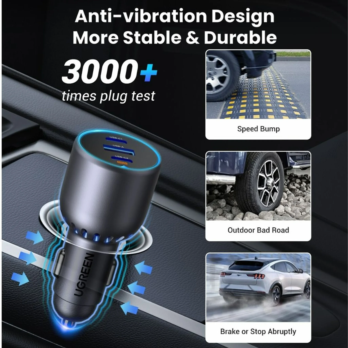 UGREEN 75W 3-Ports PD3.0 Fast Car Charger EC703