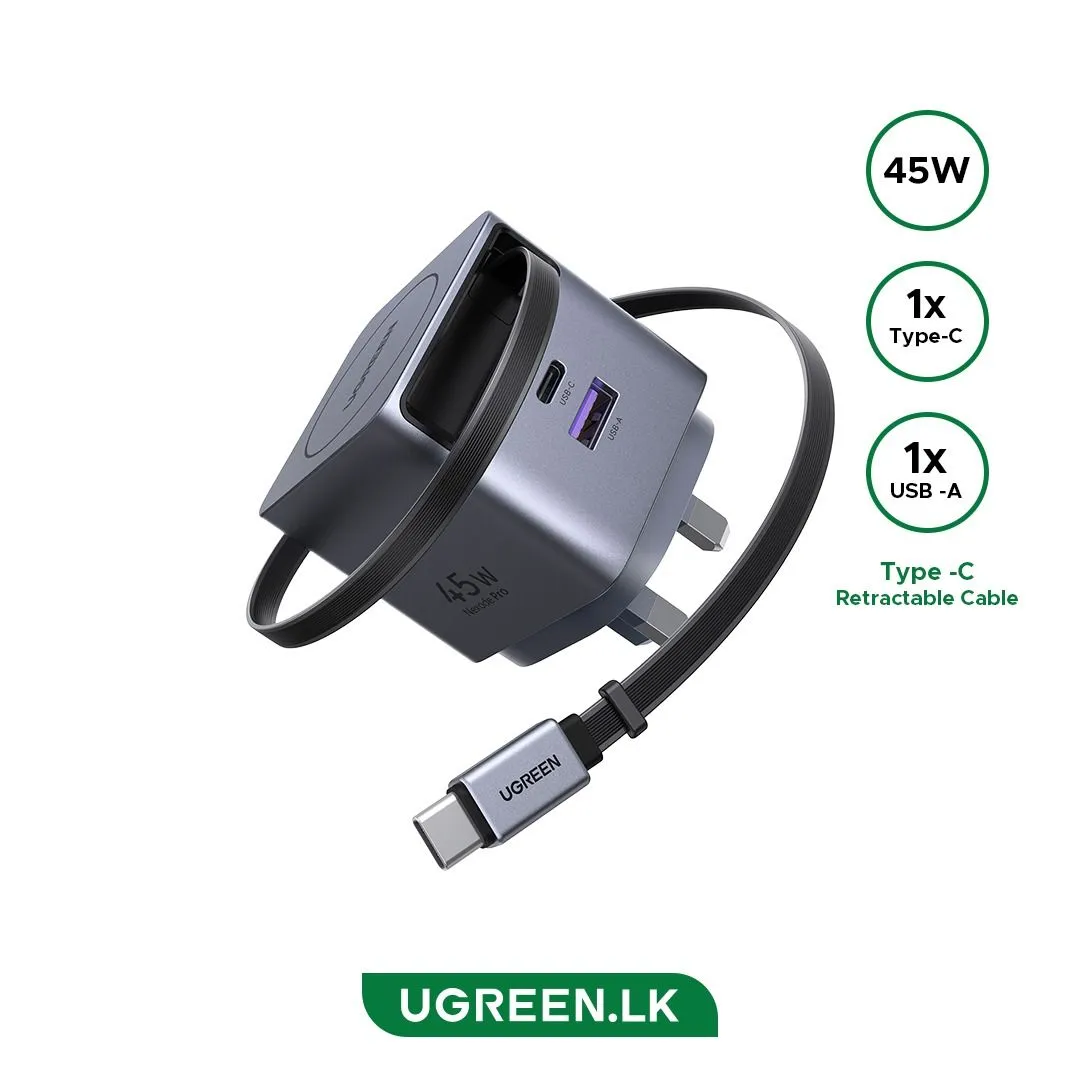 UGREEN 65W 1A-2C PD GaN Fast Charger with Retractable Type C Cable