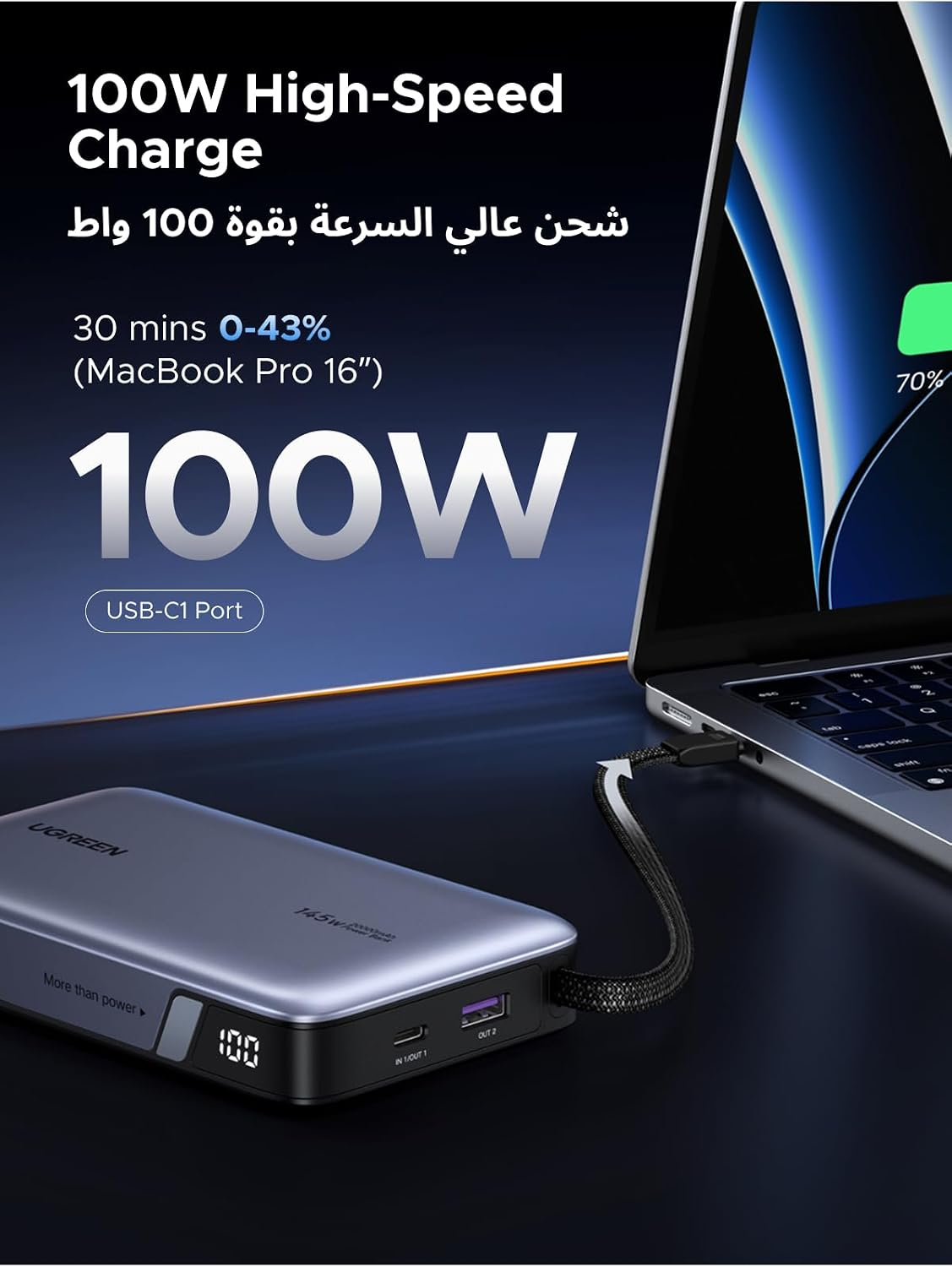 UGREEN Powerbank 20000mAh PB551 145W USB + USB-C CABLE