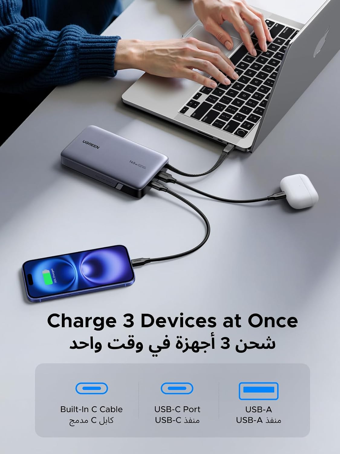 UGREEN Powerbank 20000mAh PB551 145W USB + USB-C CABLE