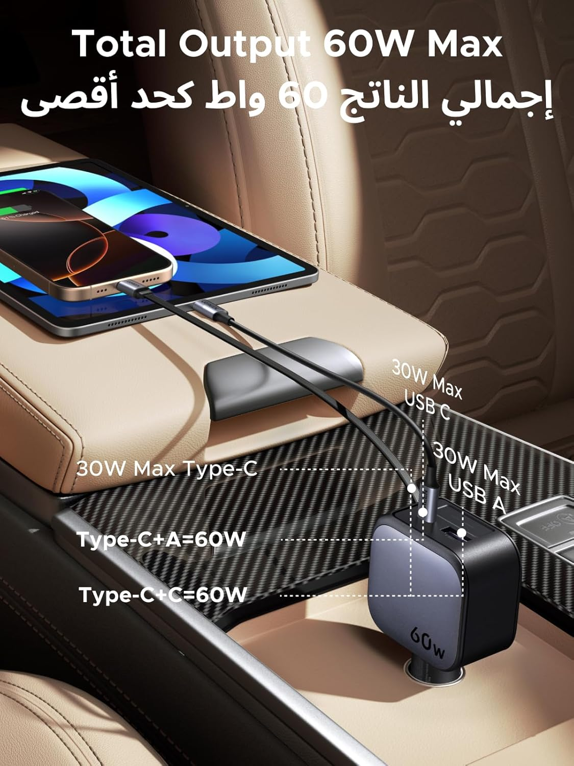 UGREEN 3-Port 1A 2C 60W PD Fast Car Charger with Retractable Cable