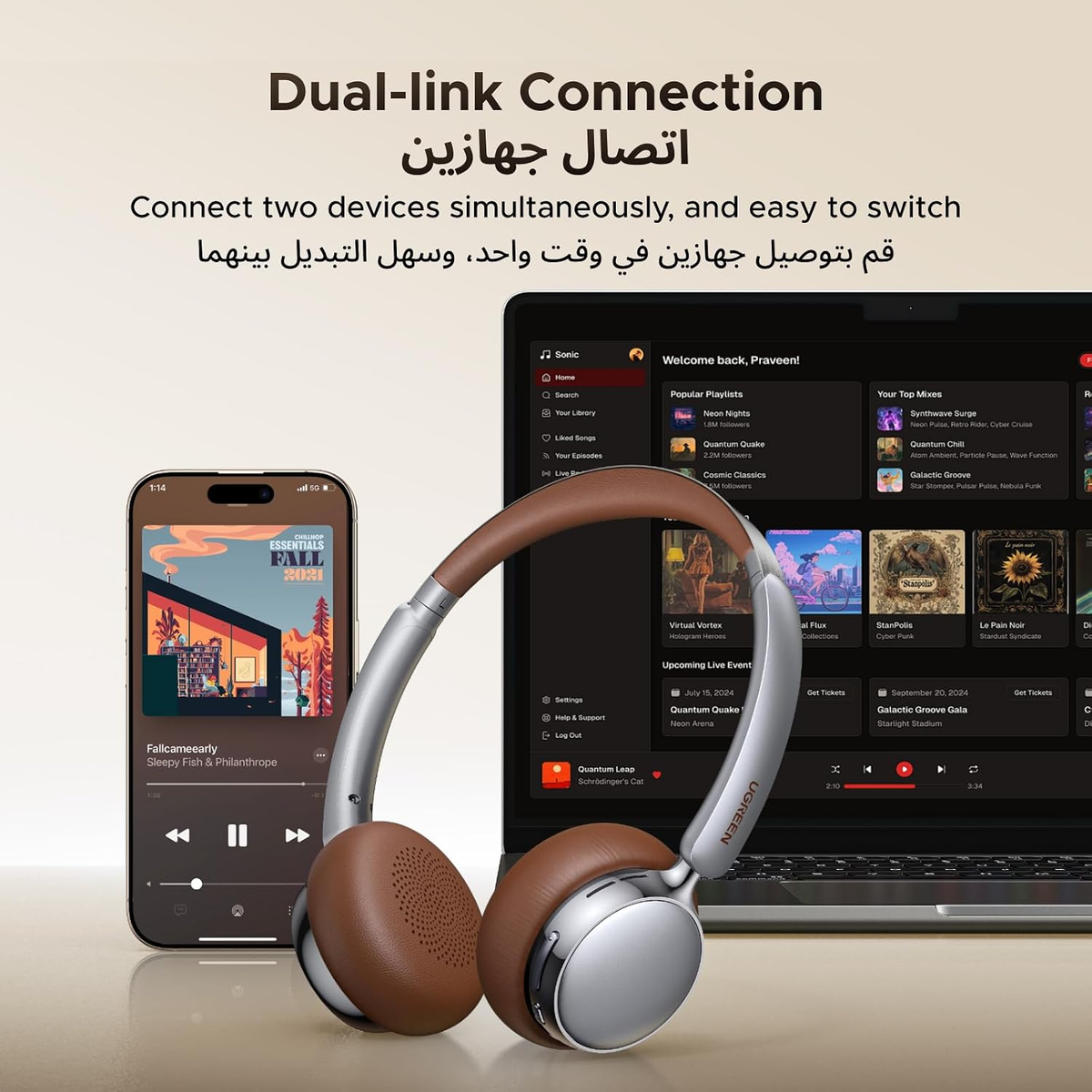 UGREEN Studio Plus Retro ANC Wireless Headphone Gray