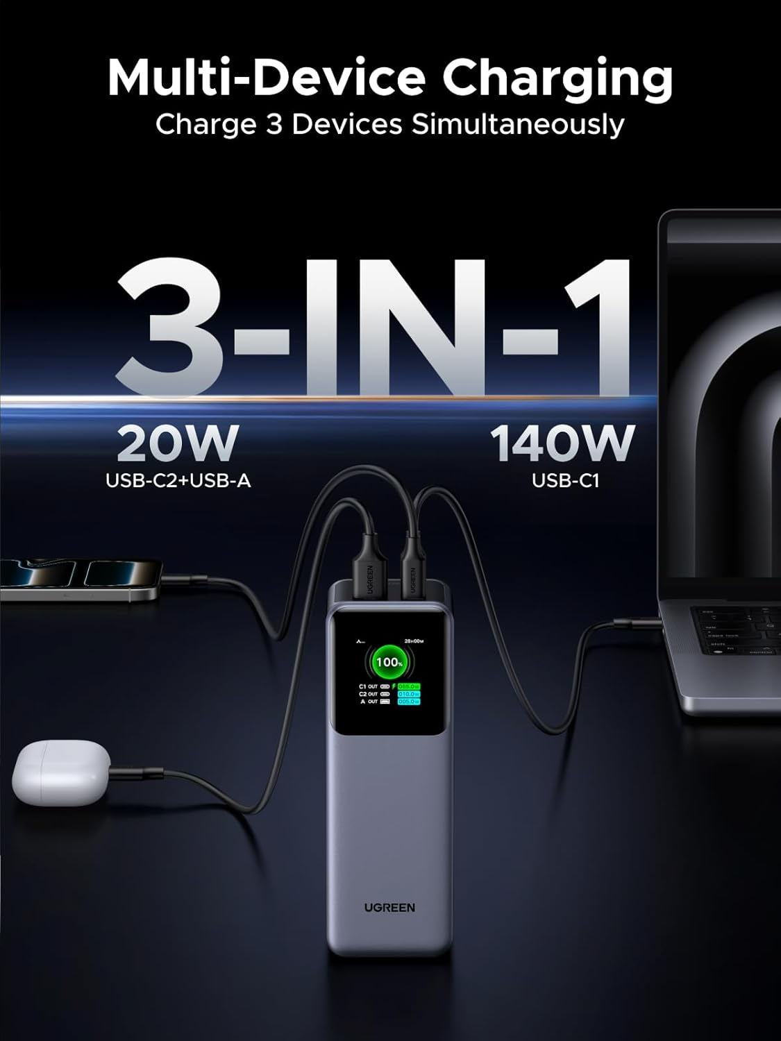 UGREEN Power Bank 25000 MAH PD 200W with Retractable Type C Cable Gray