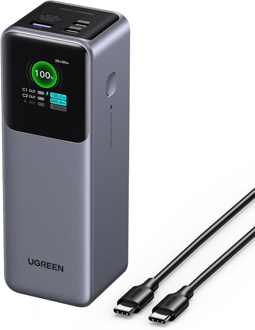 UGREEN Power Bank 25000 MAH PD 200W with Retractable Type C Cable Gray