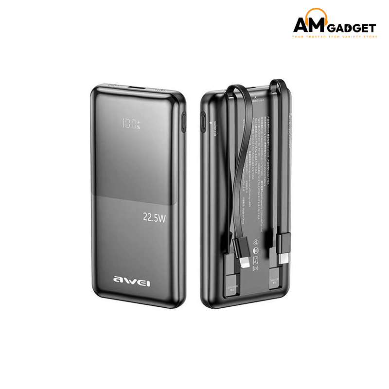 AWEI Power Bank 10000mAh 22.5W Built-in C & L Cable-Black