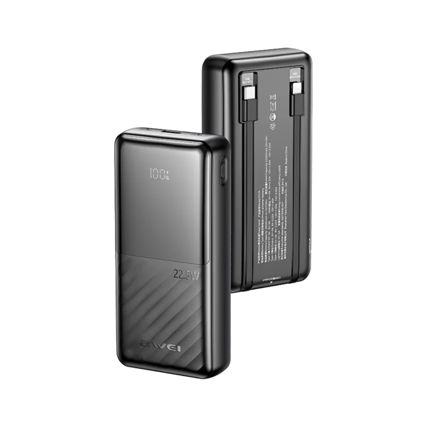 AWEI Power Bank 20000mAh 22.5W Built-in C & L Cable-Black