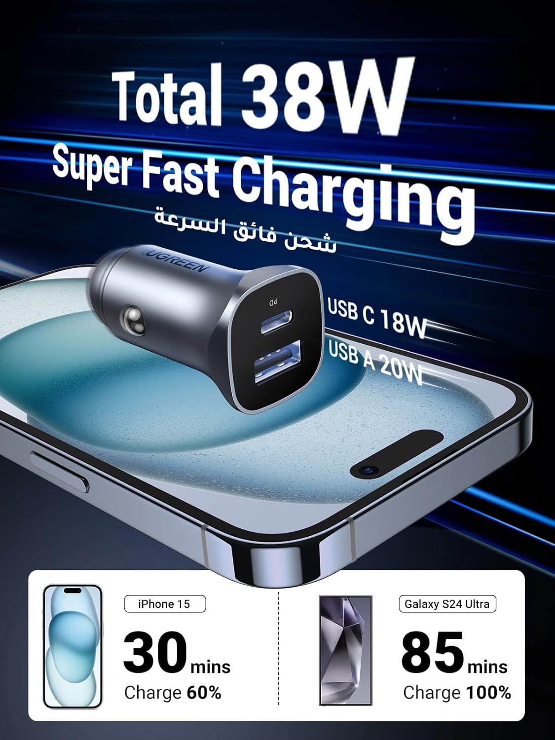 UGREEN Car Charger Fast Charging 24W 2Ports,USB A+USB C Power Car Adapter