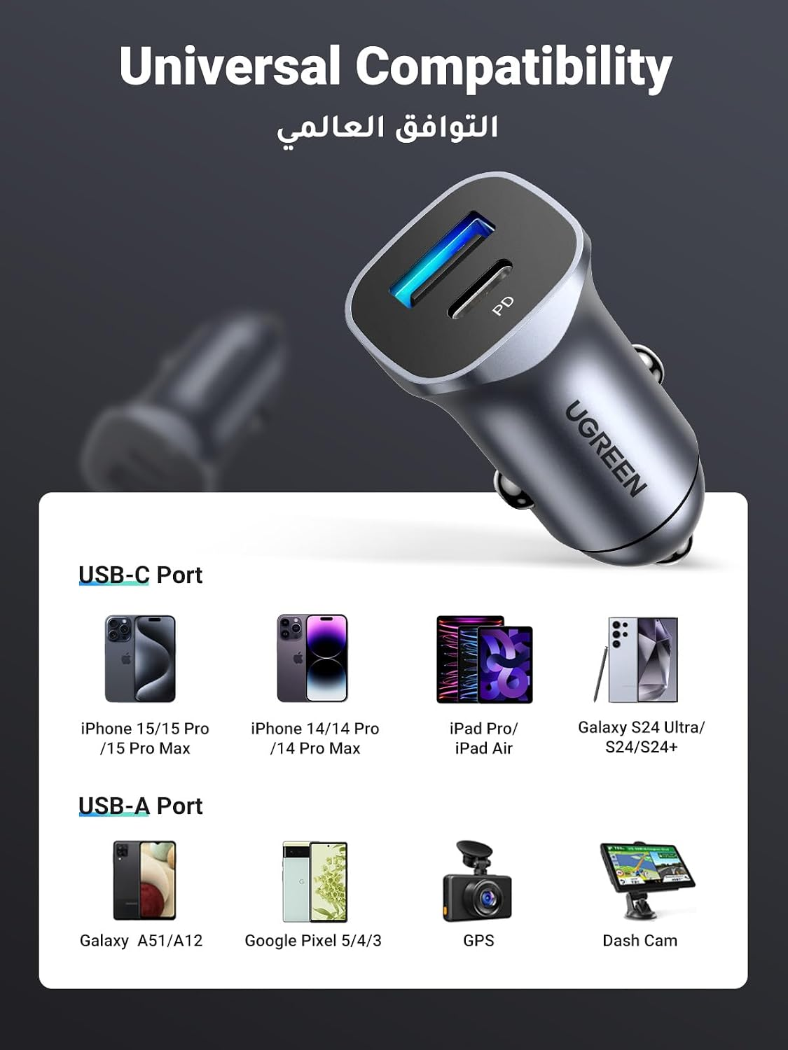 UGREEN Car Charger Fast Charging 24W 2Ports,USB A+USB C Power Car Adapter
