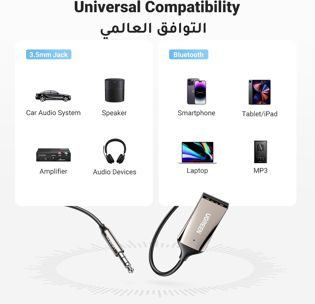 UGREEN BLUETOOTH CAR RECEIVER AUX WITH MIC GREY