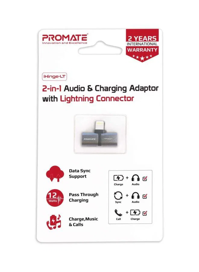 PROMATE iHinge-LT.Grey 2-in-1 Audio & Charging Adaptor with Lightning Connector