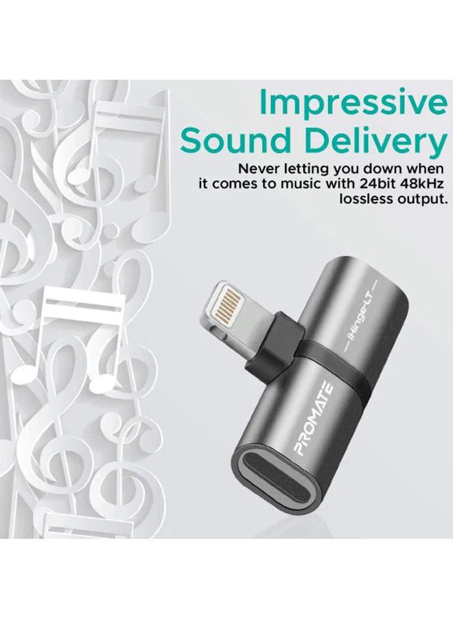 PROMATE iHinge-LT.Grey 2-in-1 Audio & Charging Adaptor with Lightning Connector