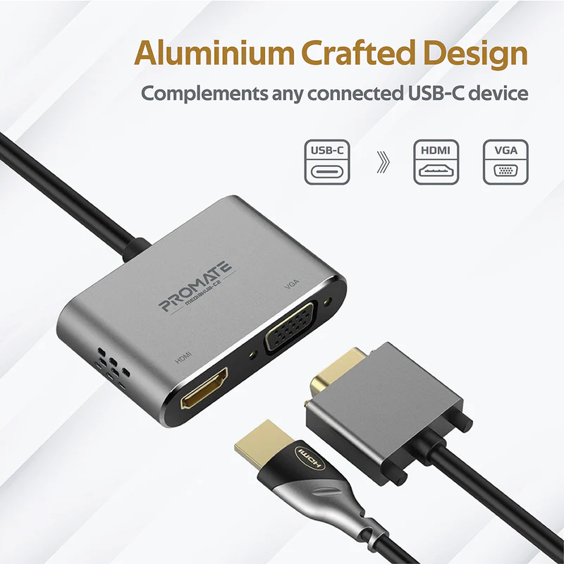 PROMATE MediaHub-C2 High Definition USB-C Display Adapter, 4K HDMI, 1080p VGA