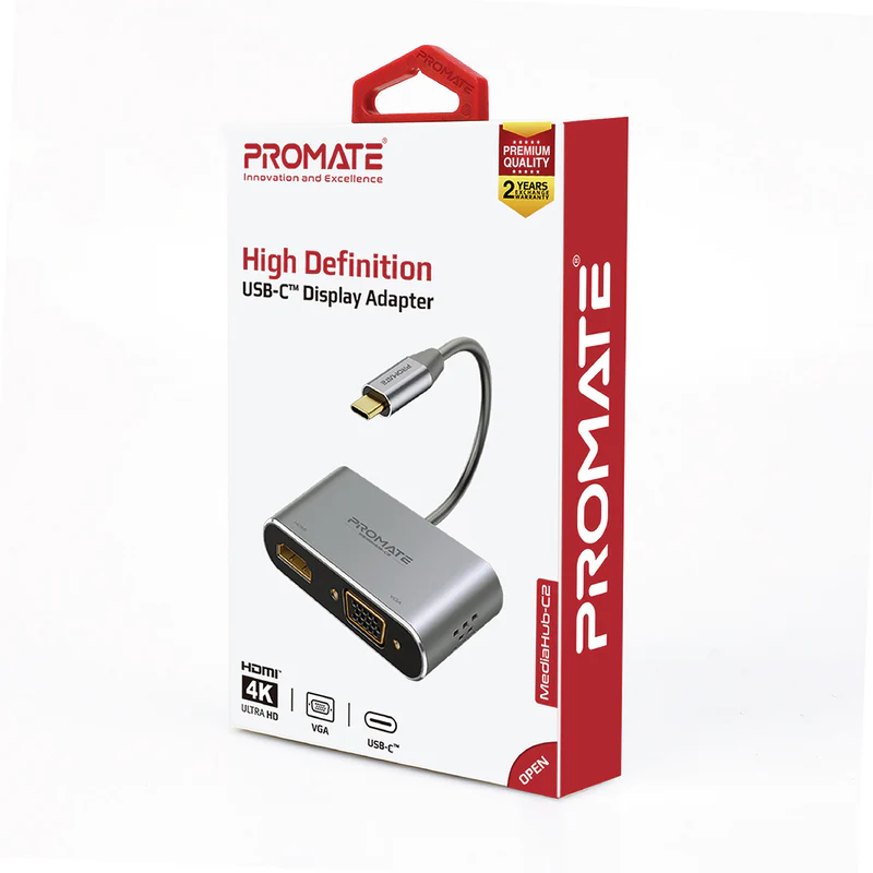 PROMATE MediaHub-C2 High Definition USB-C Display Adapter, 4K HDMI, 1080p VGA