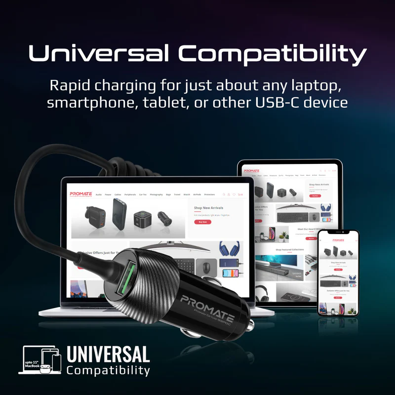 PROMATE PowerDrive-33PDC 33W Quick Charging Car Charger with USB-C Cable