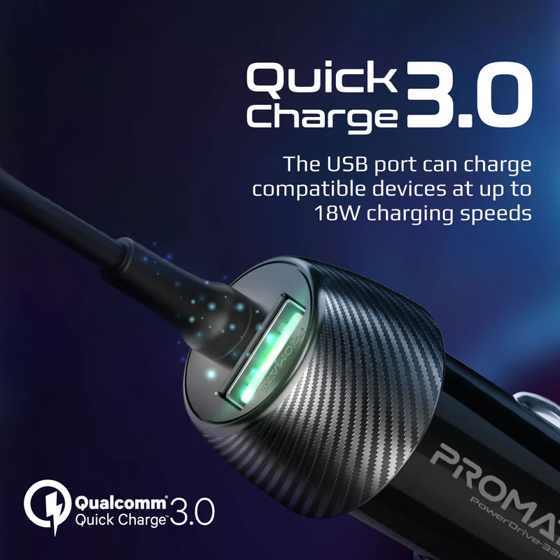 PROMATE PowerDrive-33PDC 33W Quick Charging Car Charger with USB-C Cable