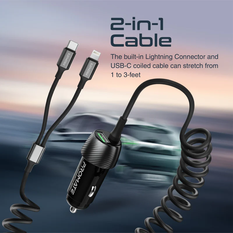 PROMATE PowerDrive-33PDI 33W Quick Charging Car Charger with Lightning Connector Cable