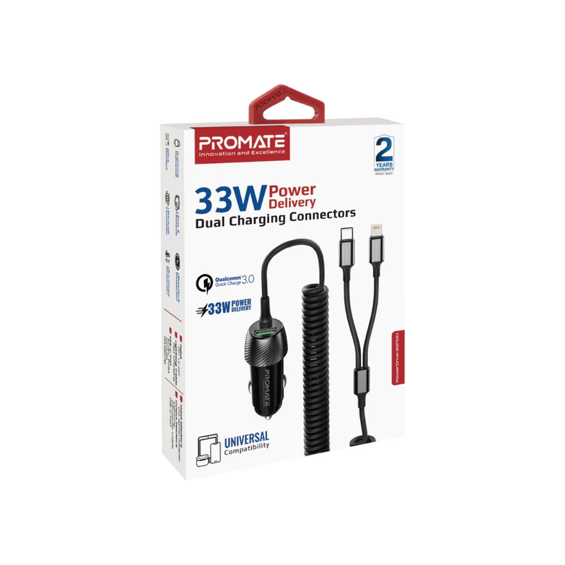 PROMATE PowerDrive-33PDI 33W Quick Charging Car Charger with Lightning Connector Cable