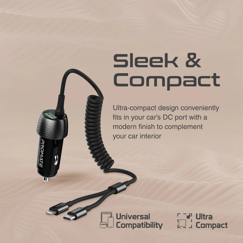 PROMATE PowerDrive-33PDI 33W Quick Charging Car Charger with Lightning Connector Cable