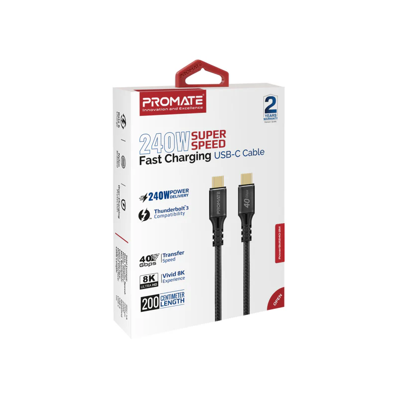 PROMATE PowerBolt240-2M 240W Power Delivery USB-C to USB-C Cable with 40Gbps