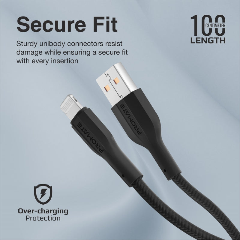 PROMATE XCord-Ai.Black USB-A to Lightning Connector Cable, 1Meter Length
